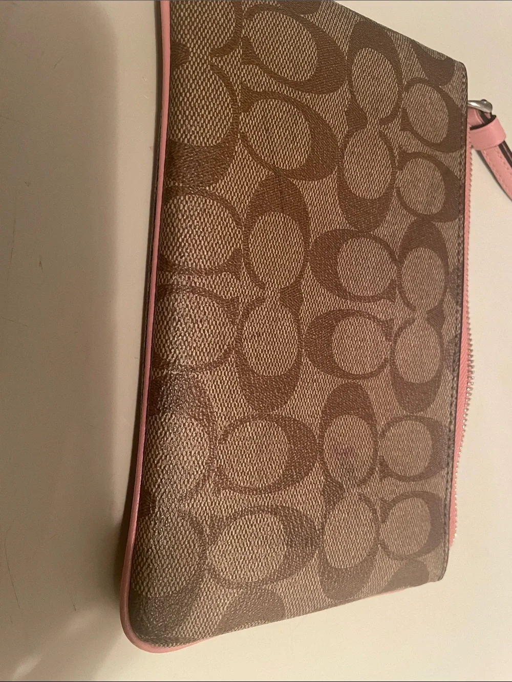 Coach Brown Signature large Wristlet with Pink Trim